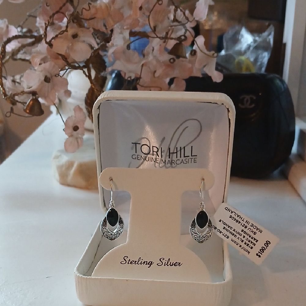 NEW Sterling Silver Black Marcasite Earrings W/ Gift Box
